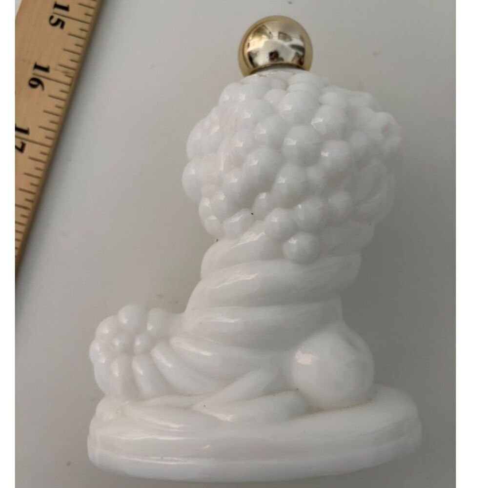 vtg. avon milk glass cornucopia skin so soft bath oil decanter